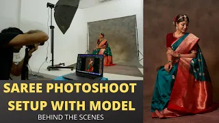 saree photoshoot setup with model behind the scenes