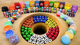 Experiment: Soccer Balls vs Giant Coca Cola, Sprite, 7up, Pepsi, Fanta and Mentos in Underground