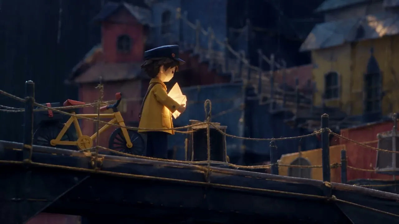 Handcrafted paper courier traveling through a folded night city