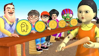 squid game vs scary teacher 3d miss t and 3 neighbor with orange candy shape challenge 20