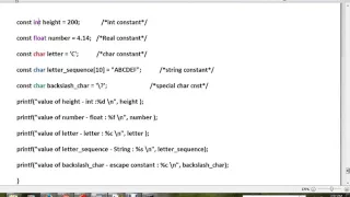 C CONSTANTS INT FLOAT CHAR SAMPLE PROGRAM