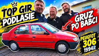 Gruz po babci za 3000 zł: Peugeot 306 na podnośniku Top Gir Podlasie.