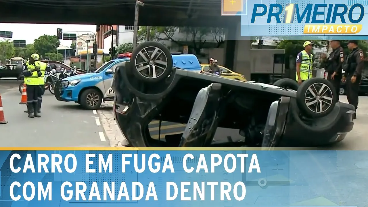 RJ: Carro de criminosos em fuga capota com granada dentro | Primeiro Impacto (21/11/23)