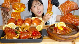 MUKBANG) 대왕연어장 연어초밥 연어알 메밀국수🧡 먹방 Marinated Salmon asmr eating