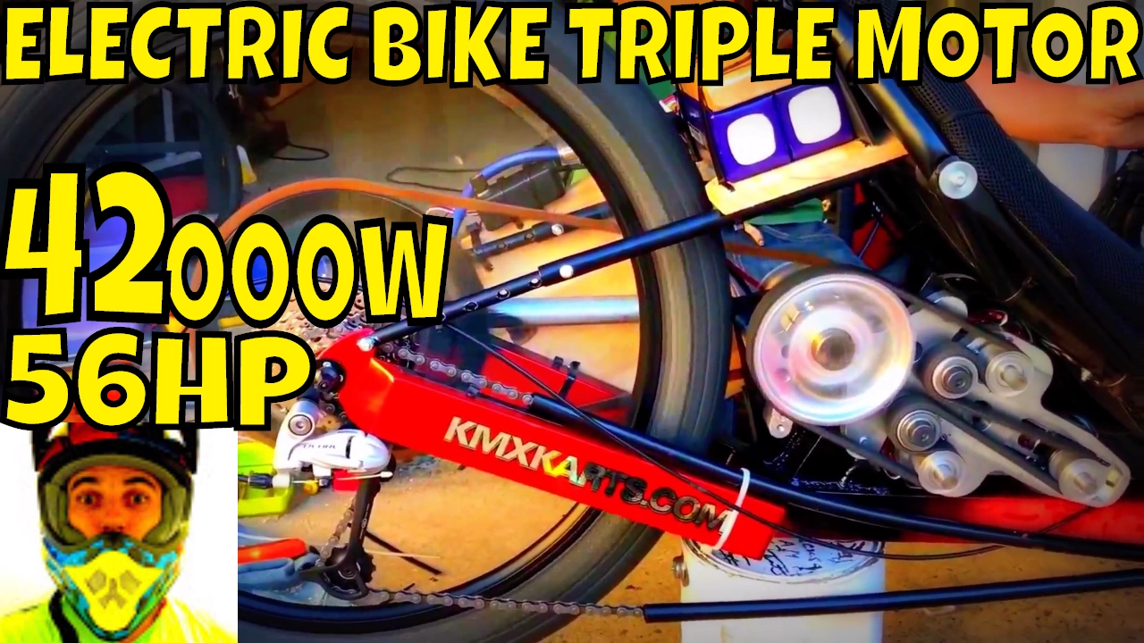 DIY 42000w Electric Bike - 56hp Triple Motor (video#3) YES, monster is rolling! First tests at 300A
