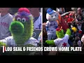 Phillie Phanatic Mr Met other mascots crowd home plate at the top of Mets-Giants MLB on ESPN