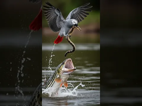 African grey parrot catches a snake to feed the tiger fish #birds #ai #video #viral