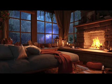 Download MP3 Cozy Rain on Window - Thunderstorm \u0026 Warm Fireplace | Deep Sleep, Study, and Relaxation Sounds