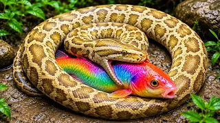 Surprise Encounter Python Swallowing Koi Fish In A Small Pond ,장어, 개구리, 게, 악어