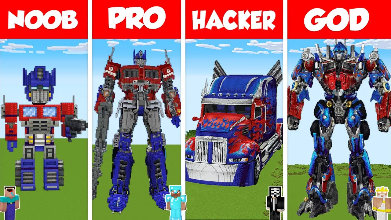 Minecraft OPTIMUS PRIME STATUE HOUSE BUILD CHALLENGE - NOOB vs PRO vs HACKER vs GOD / Animation