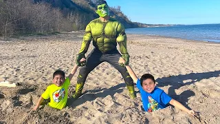 Troy and Izaak Pretend Play Stuck in the Sand! Hulk Rescue Adventure
