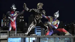 ultraman trigger and ultraman tiga fight against kyrieloid 
