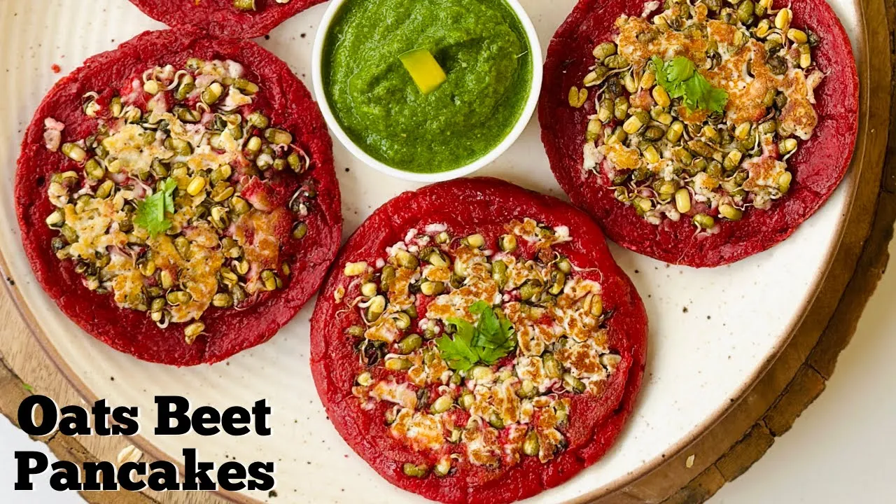 Savoury Oats Beet Pancakes with Sprouts Paneer Filling   Oats Pancakes   Flavourful Food