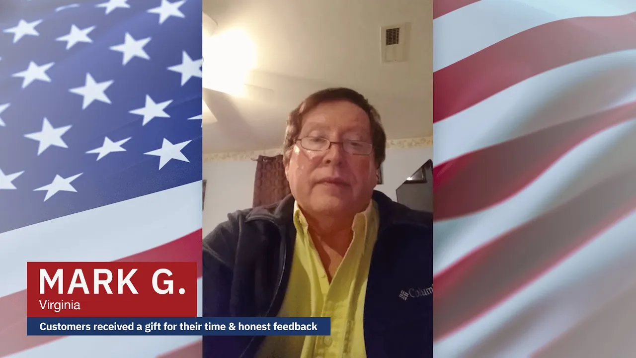 Mark G. from Virginia shares a video testimonial about his experience with 4Patriots emergency supplies, framed by patriotic American flag imagery.