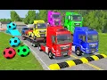 Lagu Triple Flatbed Trailer McQueen Transportation with Truck - Speedbumps vs Cars vs Train - BeamNG #20