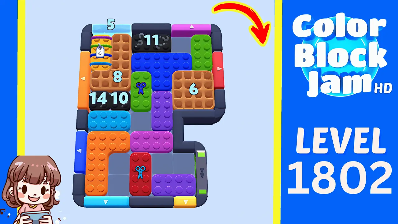 Color Block Jam Level 901 historical Level 1802 board with a 2:05 timer and numbered blockers 5, 8, 11, 14, 10, and 6 opening frame