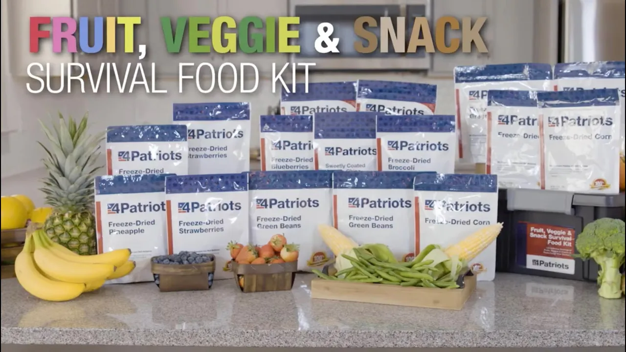 Video thumbnail showing 4Patriots’ Fruit, Veggie & Snack Survival Food Kit, featuring freeze-dried corn, strawberries, pineapple, green beans, broccoli, and more displayed in a kitchen setting. This emergency food kit is packed in resealable pouches and ideal for long-term storage.