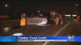 Southbound 605 Freeway Reopens After Overturned Tanker Truck Crash In South El Monte