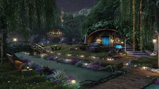 Hobbit Village Ambience Night Time In The Shire Calming Nature Sounds Occasional Rain Wind Chimes