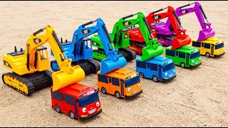 Excavators, Digger Trucks and Colorful Little Buses on the Sand | Toy Vehicles Story
