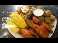 Sunday Dinner Hot Honey Lemon Pepp Wings Fried Broccoli Loaded Baked Potato
