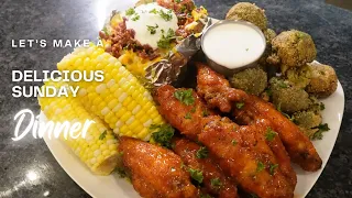 Sunday Dinner Hot Honey Lemon Pepp Wings Fried Broccoli Loaded Baked Potato