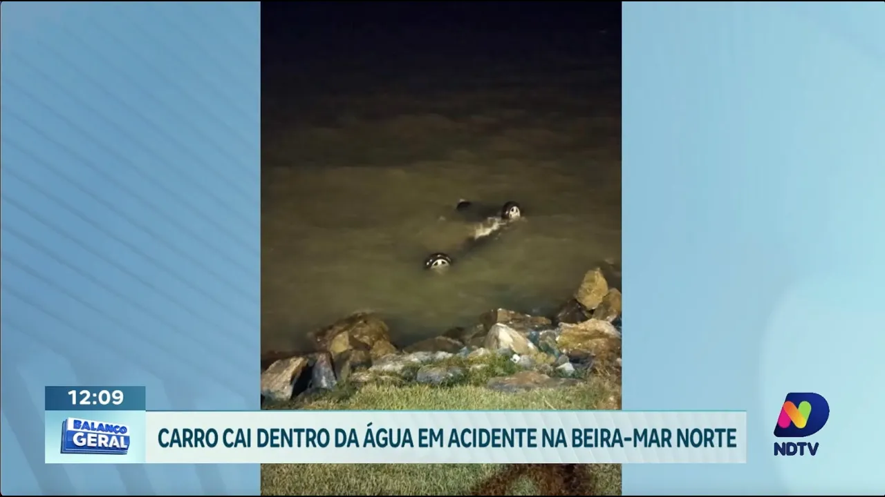 Susto na Beira-Mar: carro cai na água em acidente na madrugada