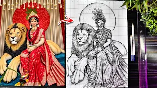 Most Beautiful Durga Mata Drawing With Lion🦁, Raipur Viral Maa Durga Drawing❤️🩹, Navratri Drawing