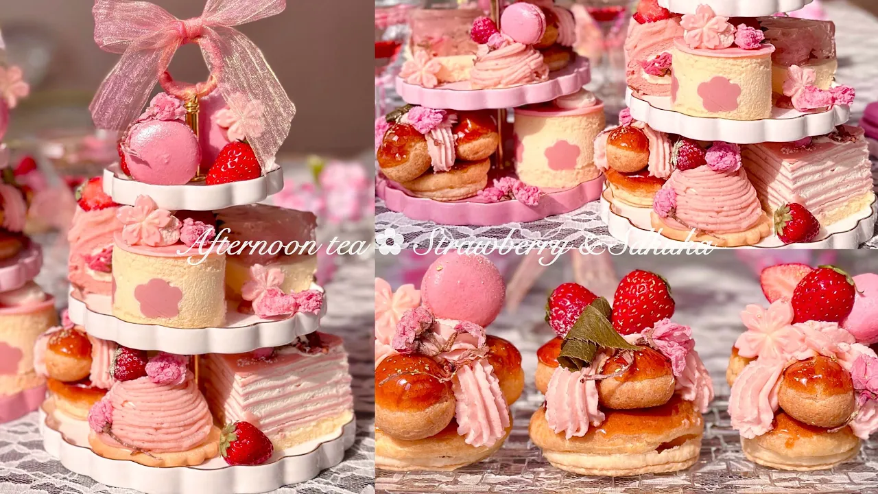 ꒰🌸苺と桜のアフタヌーンティー💗꒱ミニケーキ6種類で春を感じました🍓🍰🌼💛