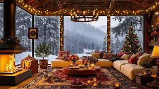 Gentle Winter Snowfall With Soft Piano Jazz On Cozy Cabin Ambience Crackling Fire Sounds For Relax 