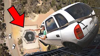 car vs world s strongest trampoline 150ft 45m drop