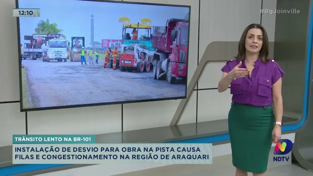 Trânsito lento na BR-101: instalação de desvio para obra na pista causa filas e congestionamento