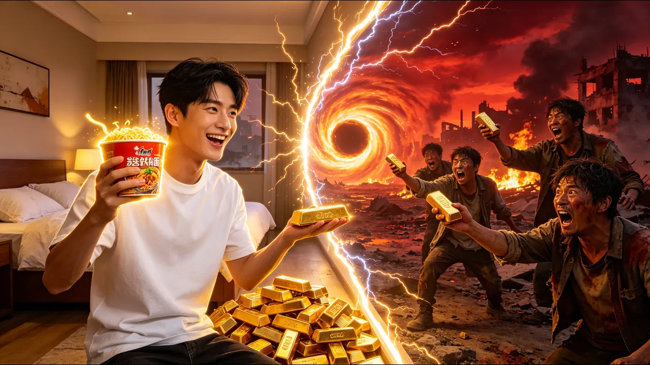 His bedroom leads to a doomsday world. He trades noodles for gold, becomes extremely wealthy. poster