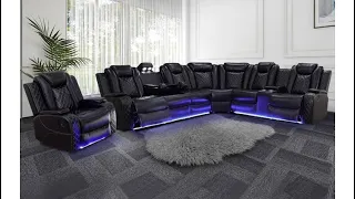 Power Recliner Sofa Sectional Couches with LED Light for Living Room Leather Reclining Corner