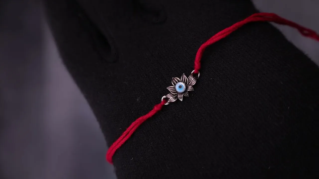 925 Pure Silver Lotus with Evil Eye Rakhi for Protection, Prosperity & Positive Energy