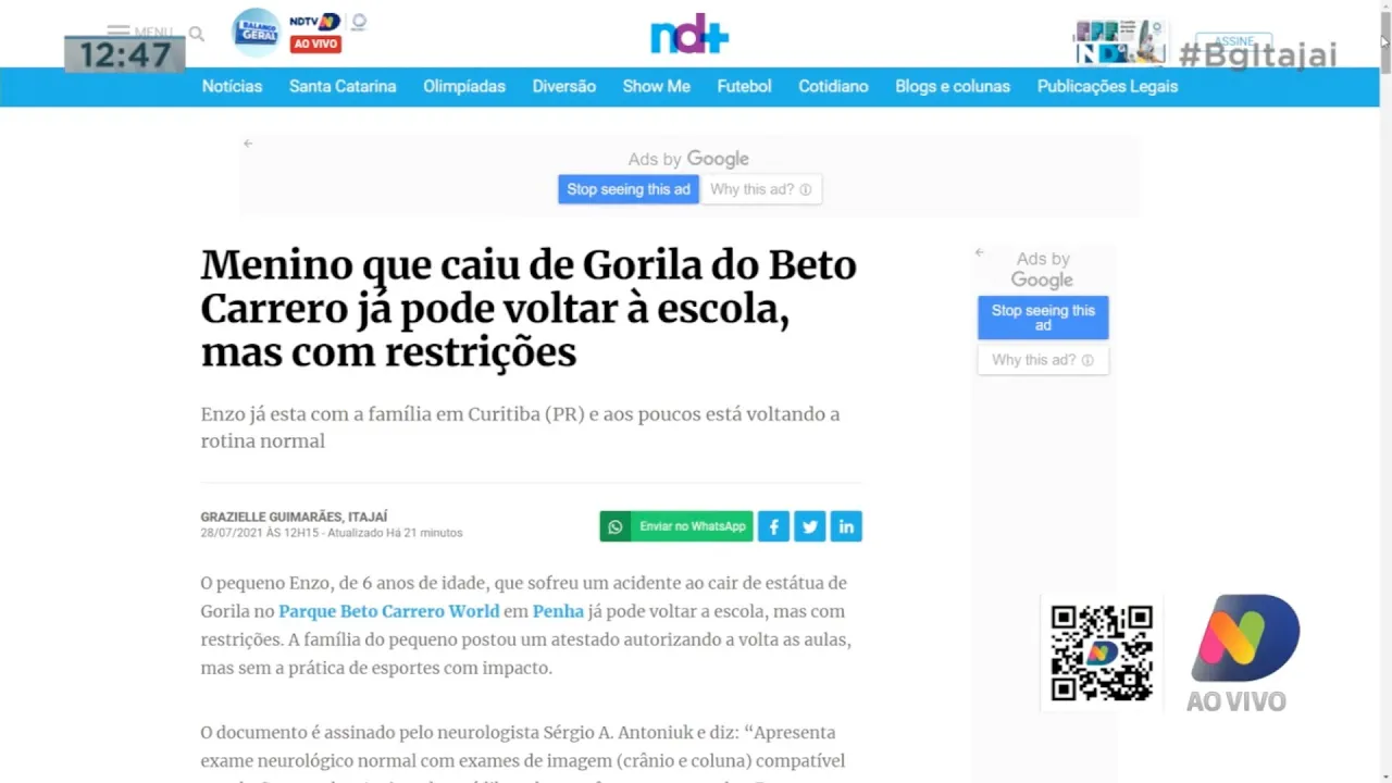 Como esta o menino que caiu em um parque temático, e criança de 3 anos morre atropelada