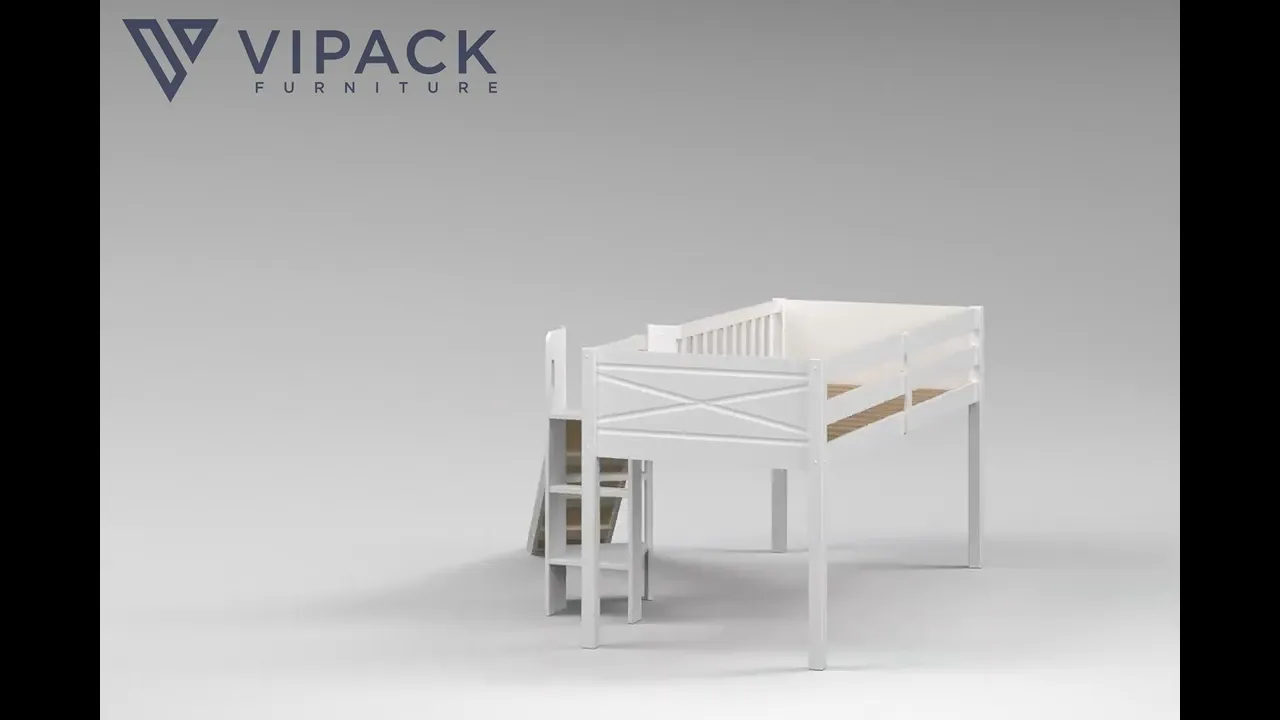 Lit Mezzanine Mi-Hauteur (H 115cm) SCOTT Avec Toboggan 90 X 200 cm Blanc