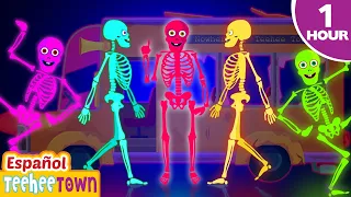 💀Cinco esqueletos locos viajando en un autobús 🚌| Canciones de Halloween | Pueblo Teehee