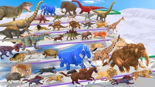 Animals vs Dinosaurs Speed Race Run Zigzag Down Course! from Outside: Which is the Fastest? ARBS