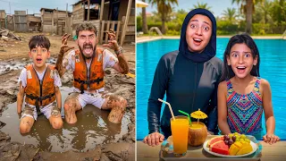 تحدي مسبح الغني ضد مسبح الفقير 24 ساعه 😱 ( بابا و ادم انهيار بكاء😭💔)!!