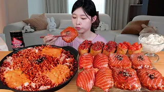 ASMR MUKBANG| 직접 만든 치즈 불닭 연어불닭쌈 연어초밥 연어유부초밥 먹방 & 레시피 BULDAK SALMON WRAP AND FIRE NOODLES EATING