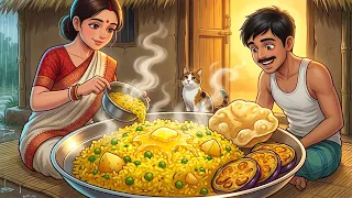 cozy monsoon in a bengali village 🌧️ cooking khichuri & begun bhaja | relaxing rain asmr animation
