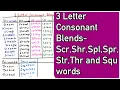 3 Letter Consonant blends - Scr Shr Spl Spr Str Thr and Squ words