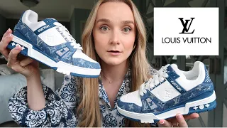 LOUIS VUITTON LV TRAINERS SNEAKERS DENIM BLUE WHITE UNBOXING REVIEW TRY ON