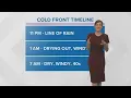 A line of rain rolls in late Sunday night with a cold front