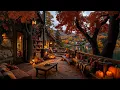 Peaceful Lakeside Cabin Jazz Warm Autumn Porch Cafe with Falling Leaves for Unwind Rest Peaceful
