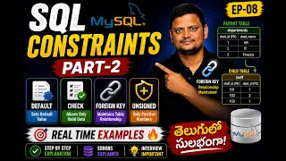 SQL Constraints Part-2 in Telugu DEFAULT CHECK FOREIGN KEY UNSIGNED