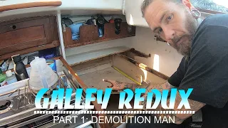 Demolition of the Galley on a 1965 Alberg 30 Sailboat in preparation for the new Galley