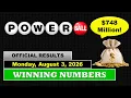 Powerball Winning Numbers For Monday August 3 2026 748 Million Results