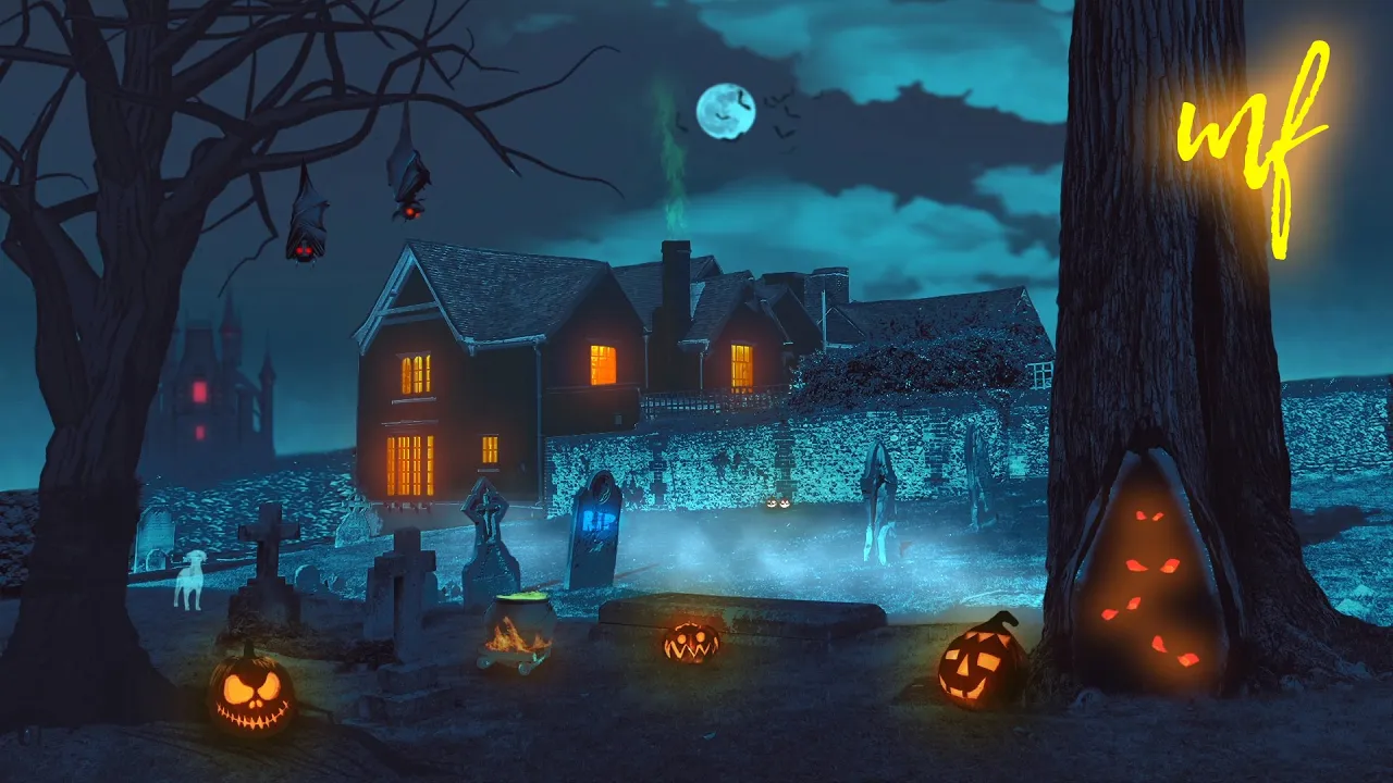 A cemetery town at night with glowing windows, jack-o'-lanterns, ghosts and a distant castle